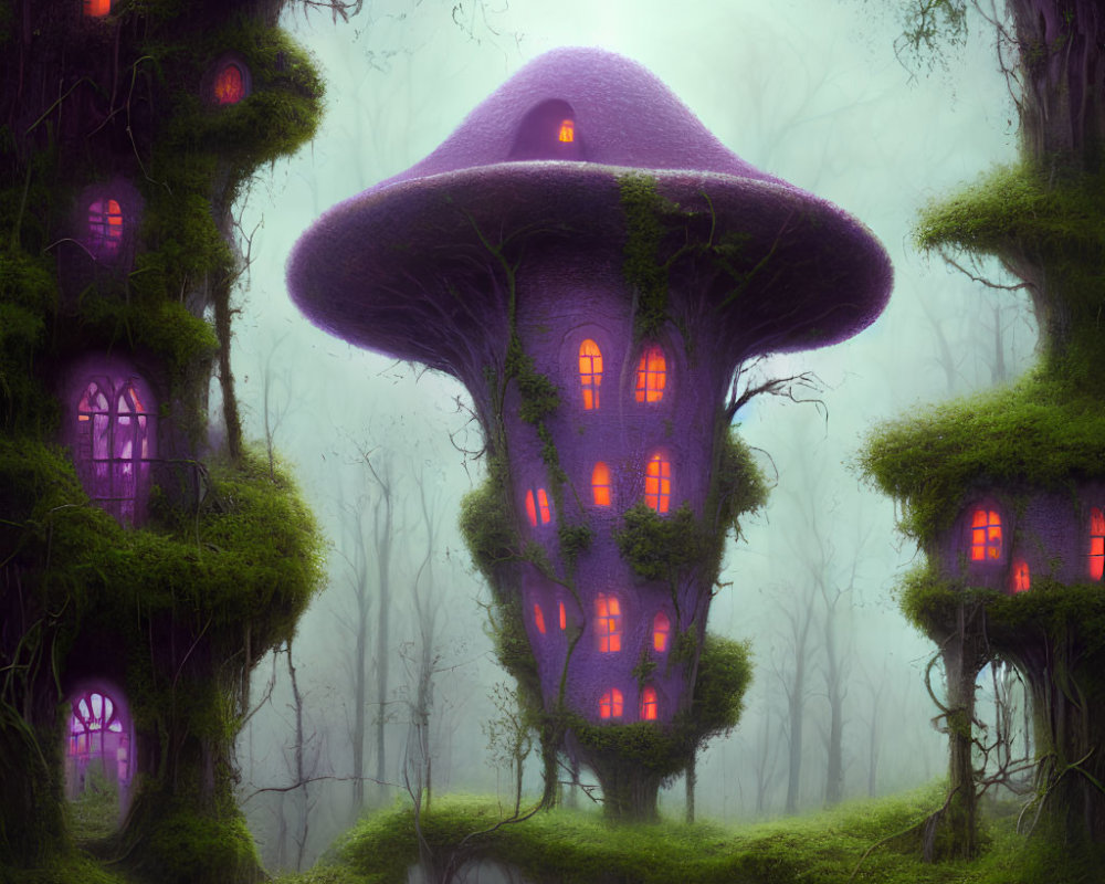 Enchanting forest with purple mushroom houses in misty green setting