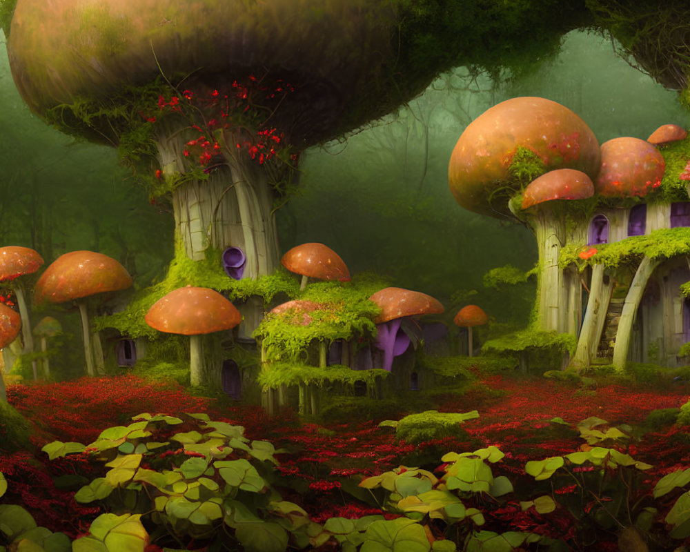 Fantasy forest landscape with oversized mushrooms and whimsical houses