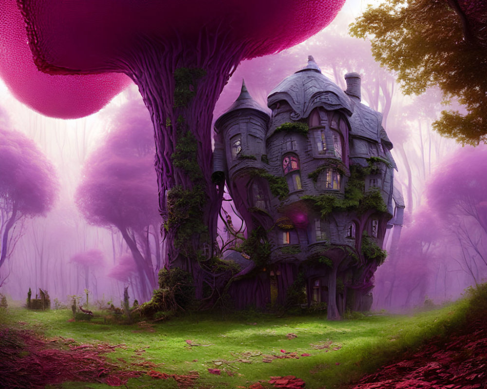 Whimsical illustration of grand house on giant purple tree in mystical forest