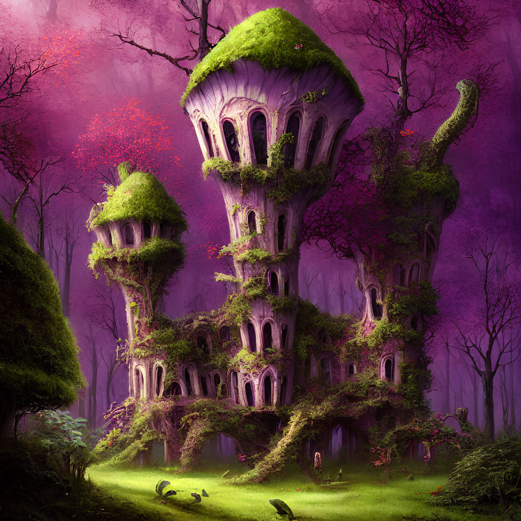 Towering Moss-Covered Treehouse in Fantasy Forest with Purple Background