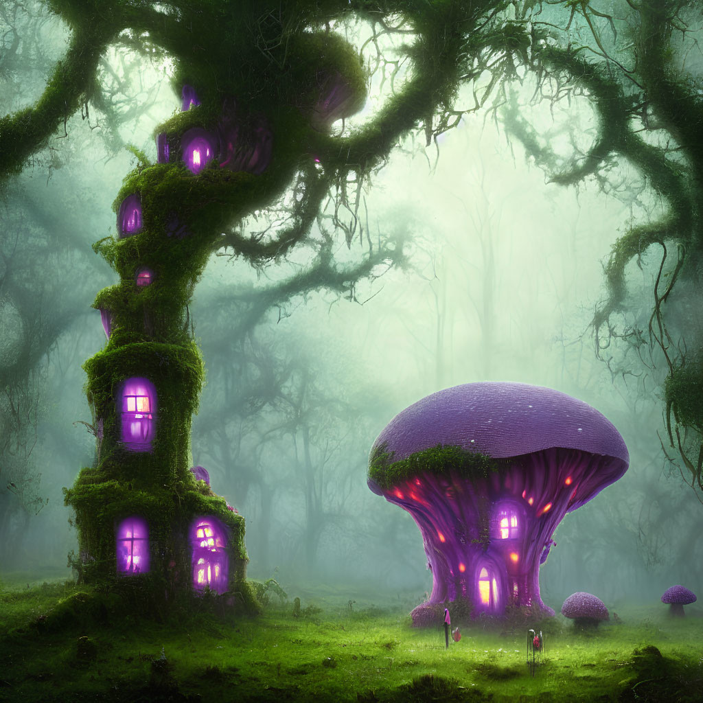 Enchanting fantasy forest with glowing purple mushroom house