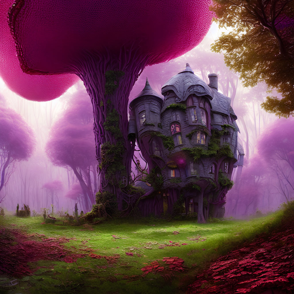 Whimsical illustration of grand house on giant purple tree in mystical forest