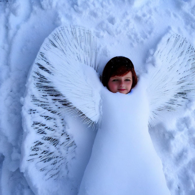 Child creates angel wings in snow with outstretched arms