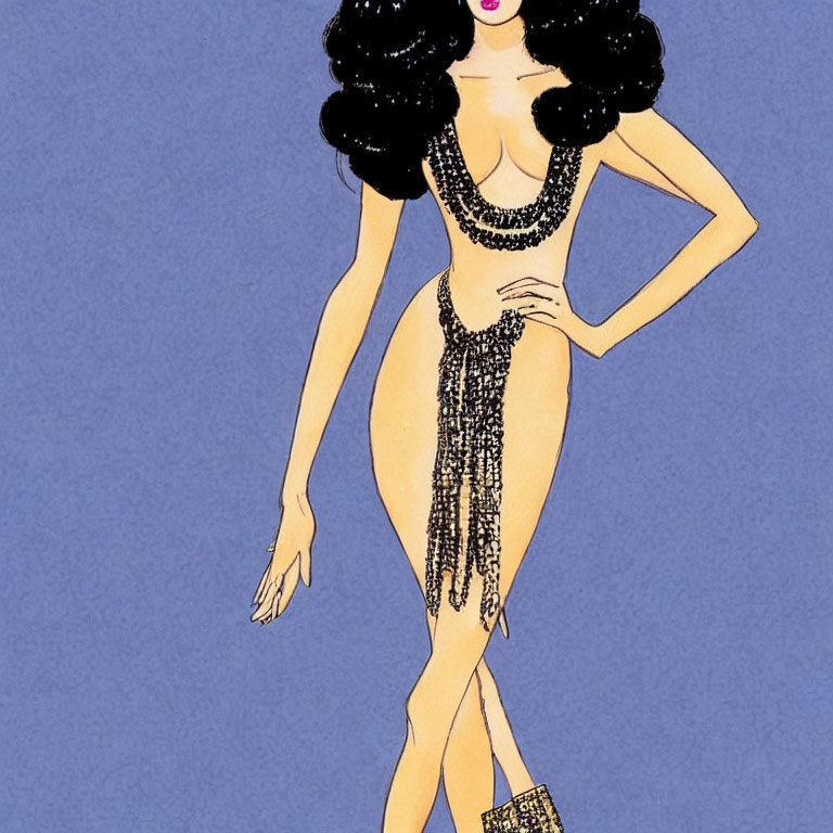 Stylized woman with black hair, pearl necklace, and black bodysuit on blue background