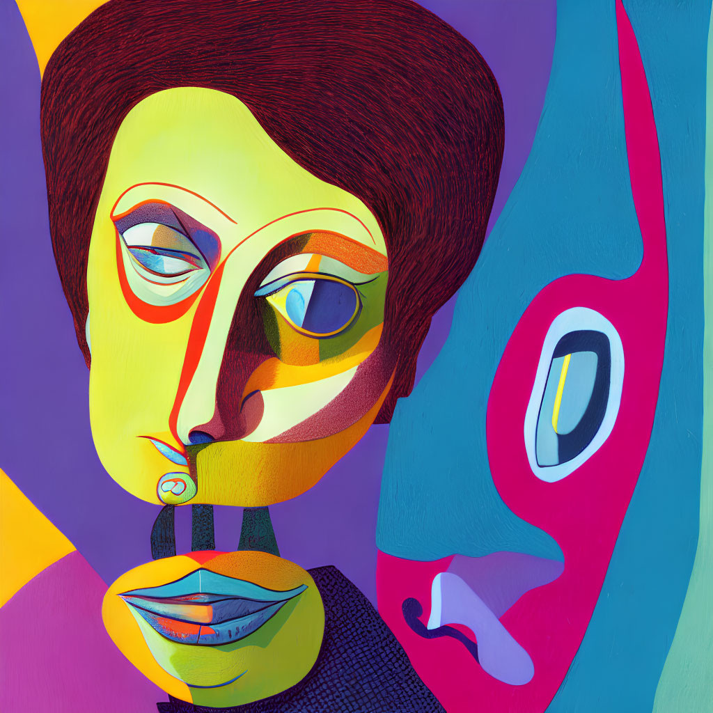Vibrant Cubist Painting of Exaggerated Figure & Abstract Background