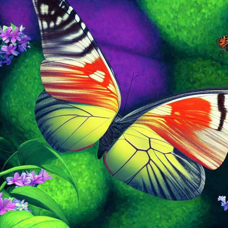 Vibrant butterfly digital artwork with orange, white, and yellow wings in nature scene