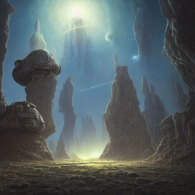 Sci-fi landscape with towering rock formations and spaceship under starry sky