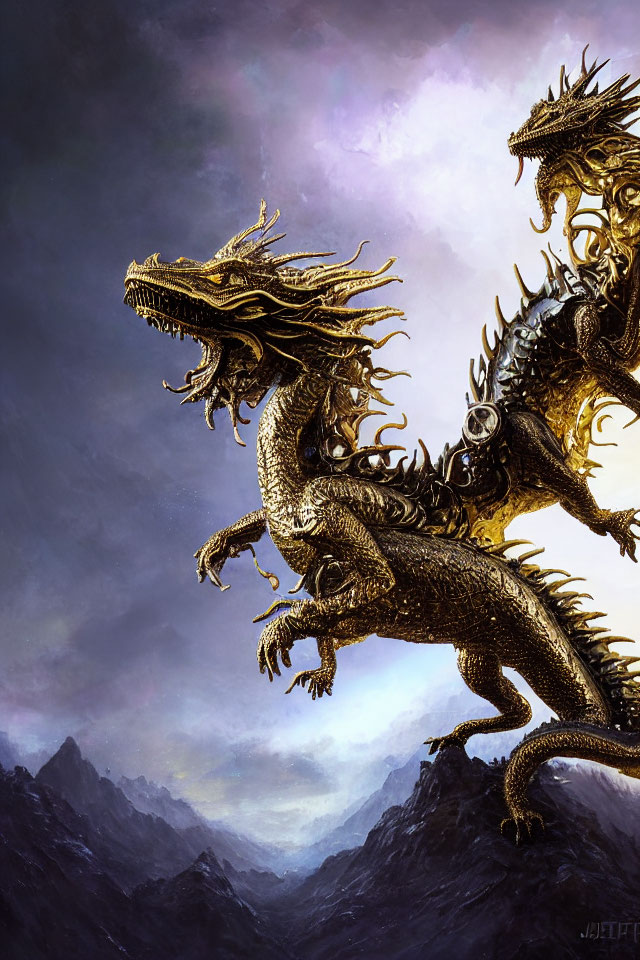 Digital painting of multi-headed dragon on rugged mountains under purple sky