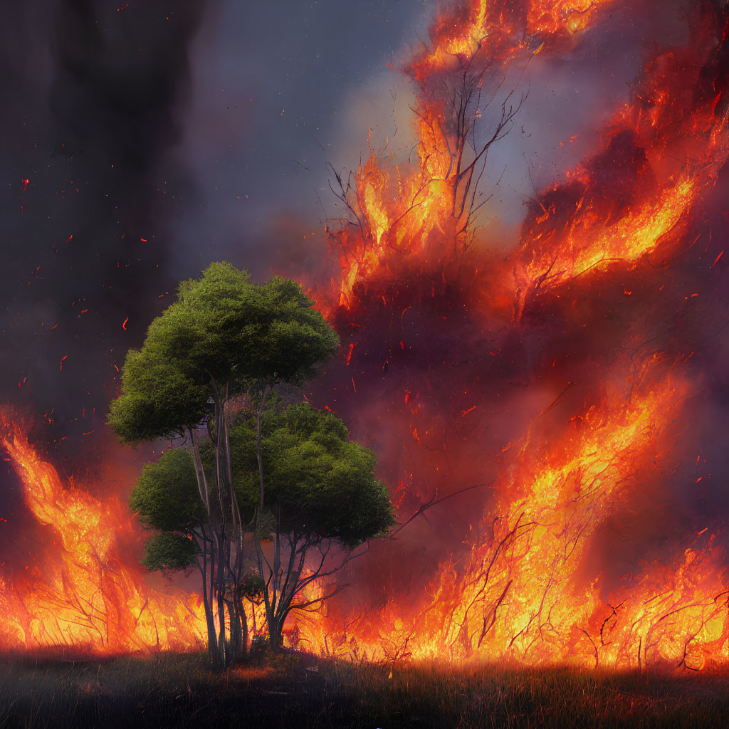 Intense orange flames engulf forest in vivid wildfire scene