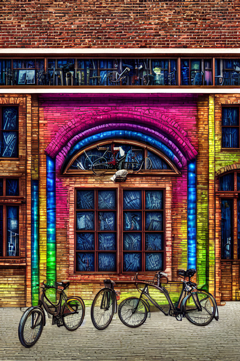 Vibrant neon lights outline archway of brick building with parked bicycles and various objects visible through windows