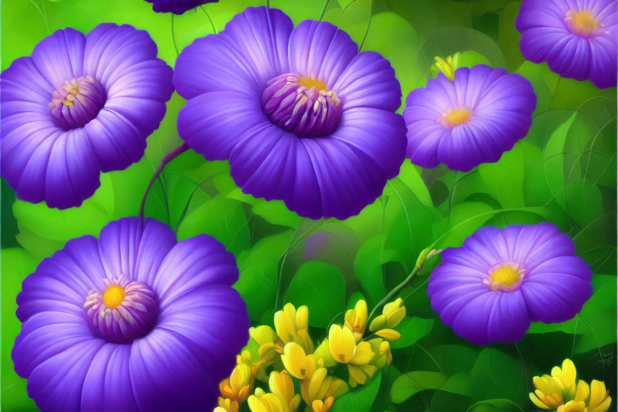 Detailed digital artwork of large purple flowers with golden centers on lush green background