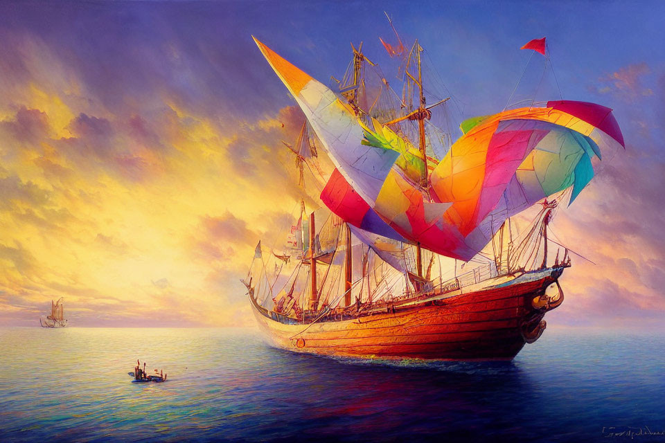Colorful sailing ship painting on serene ocean at sunset