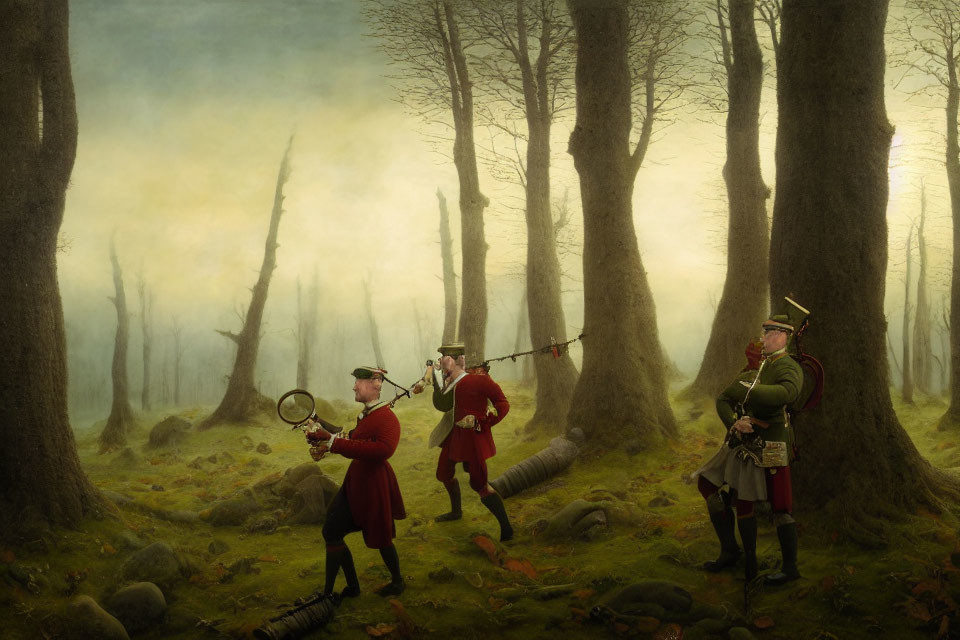 Traditional hunting scene with individuals, rifles, dog in misty woods