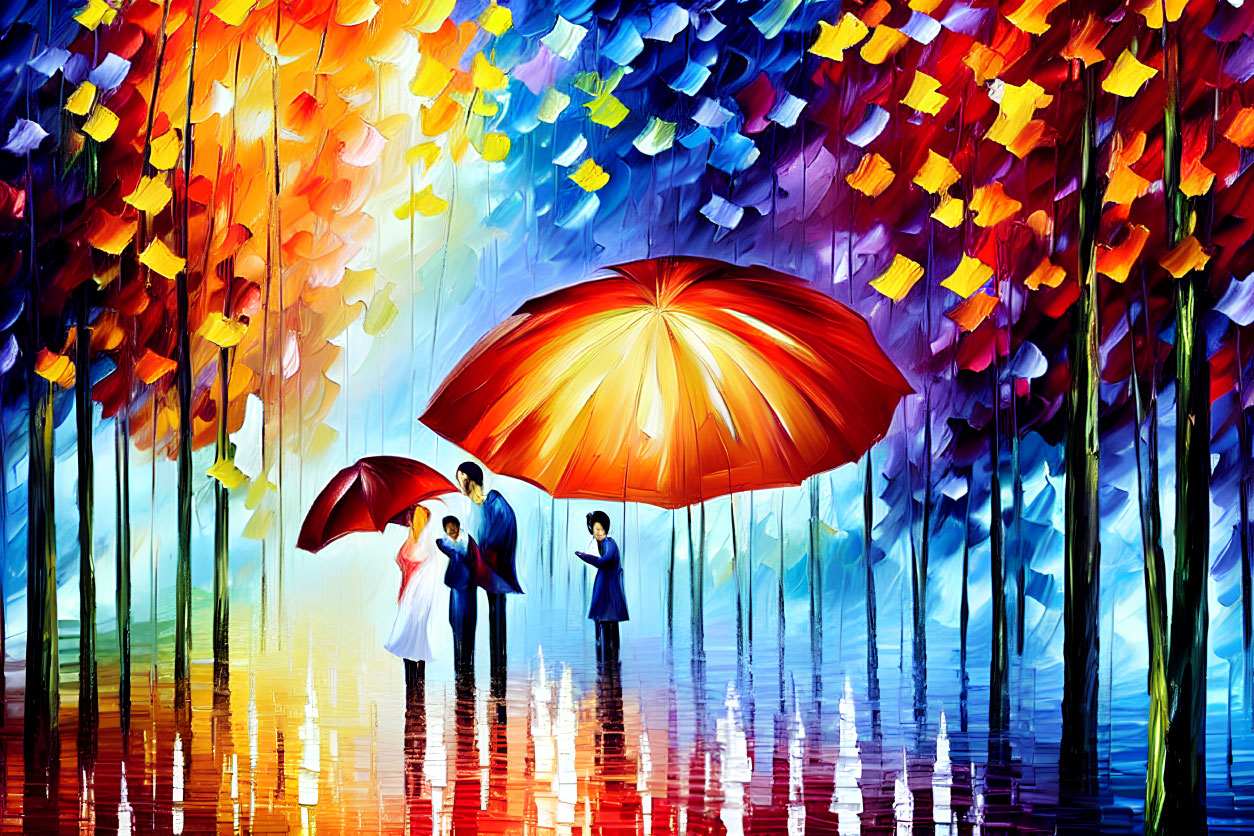 Vibrant family painting with umbrellas in autumn scene