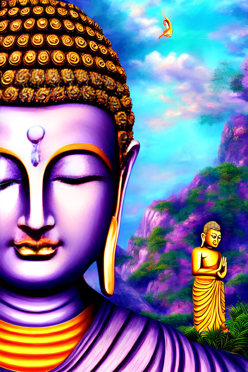 Colorful Buddha head and meditative figure in vibrant artwork