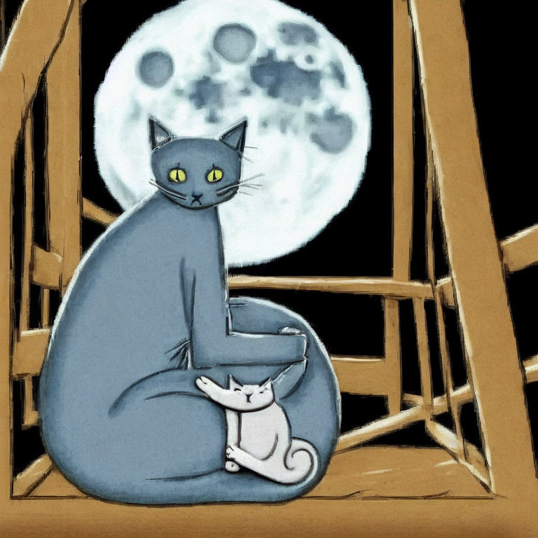 Large Grey Cat and White Kitten in Window Frame with Full Moon