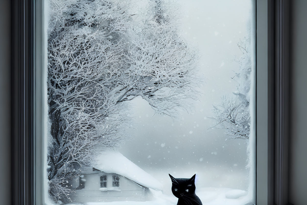 Black Cat Sitting on Windowsill Overlooking Snowy Landscape