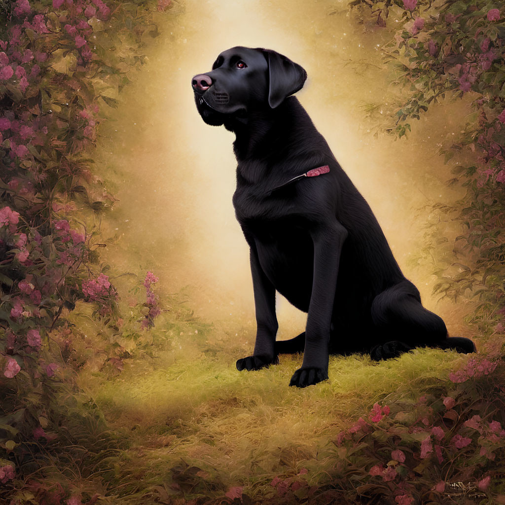 Black Labrador Sitting in Lush Greenery with Pink Flowers