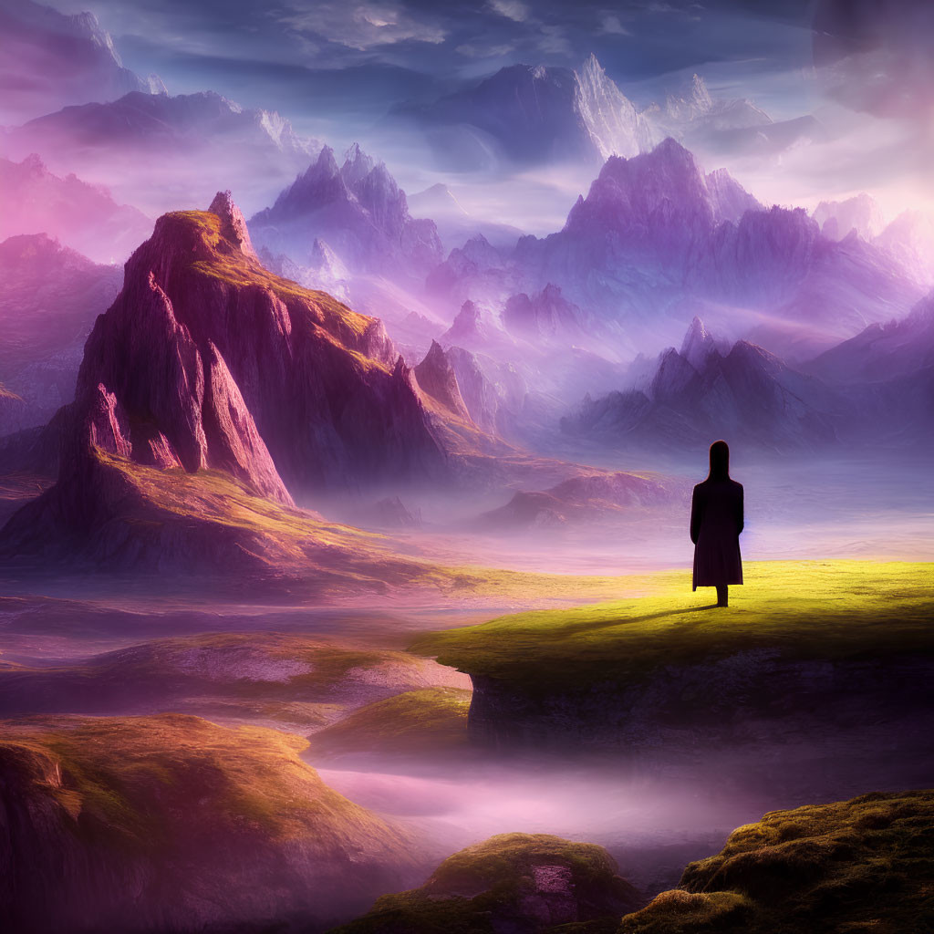 Person overlooking serene valley with purple hues, mountains, and mist