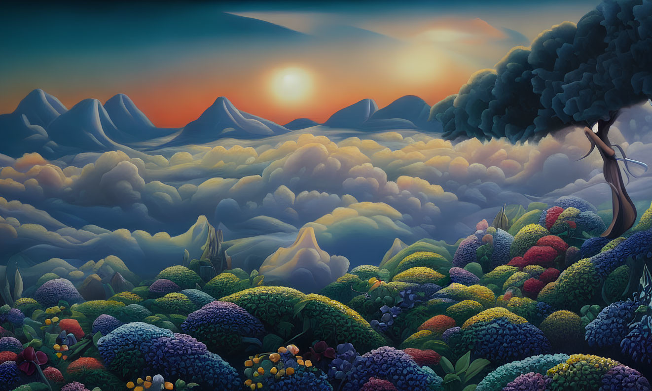 Vibrant surreal landscape with lush vegetation and distant mountains