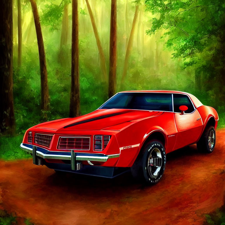 Red Sports Car with Black Stripe Parked in Green Forest