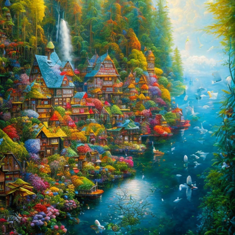 Scenic autumn village with colorful houses, river, and swans