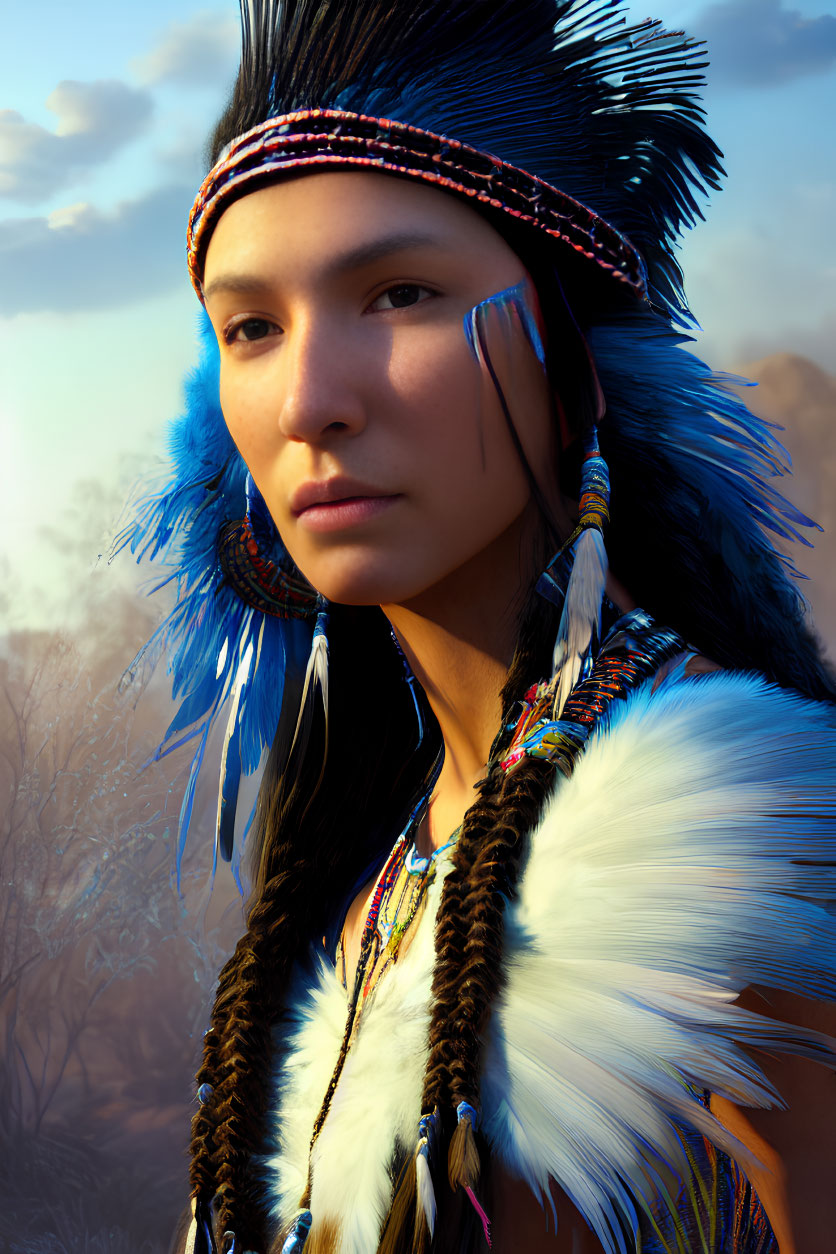 Traditional feather headdress portrait with intricate beadwork in outdoor setting
