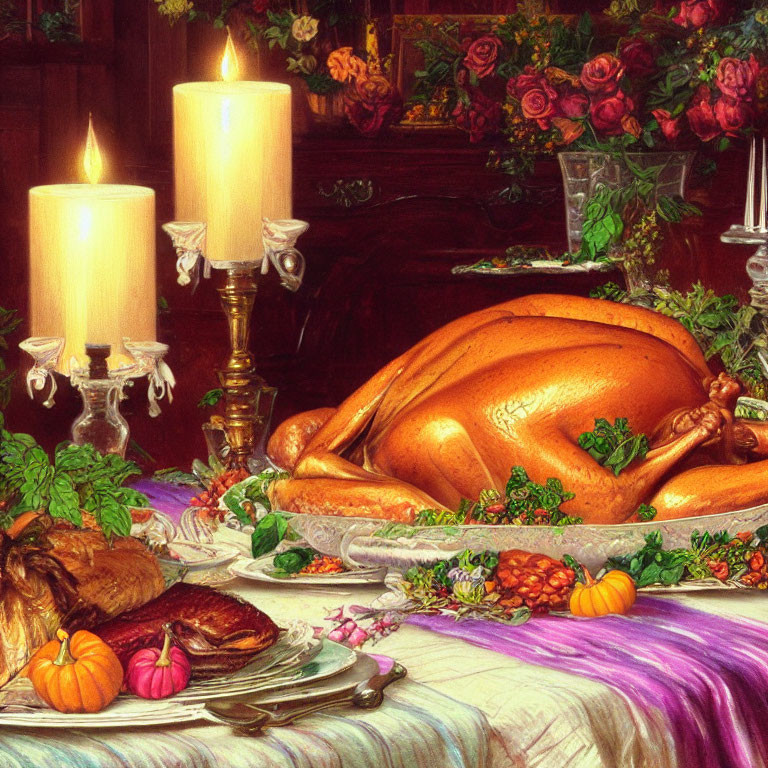 Opulent feast featuring golden-brown turkey centerpiece surrounded by greenery, flowers, and candles