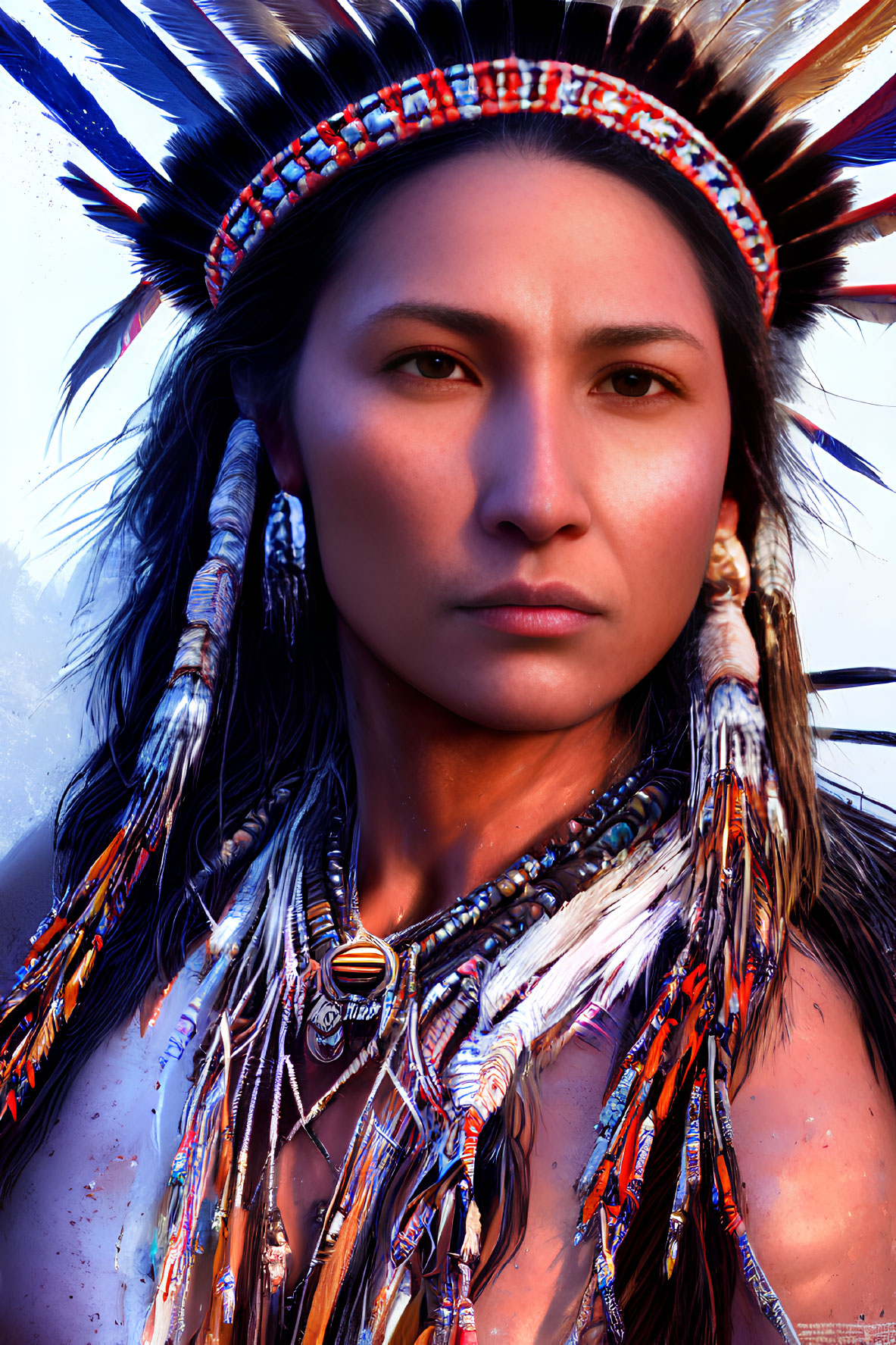 Detailed close-up of woman in Native American headdress with beadwork and feathers