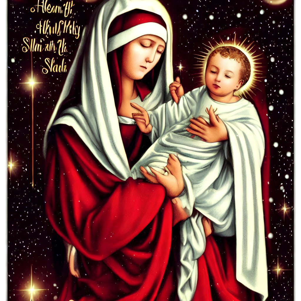 Religious icon of Virgin Mary with Child Jesus in red and blue robes