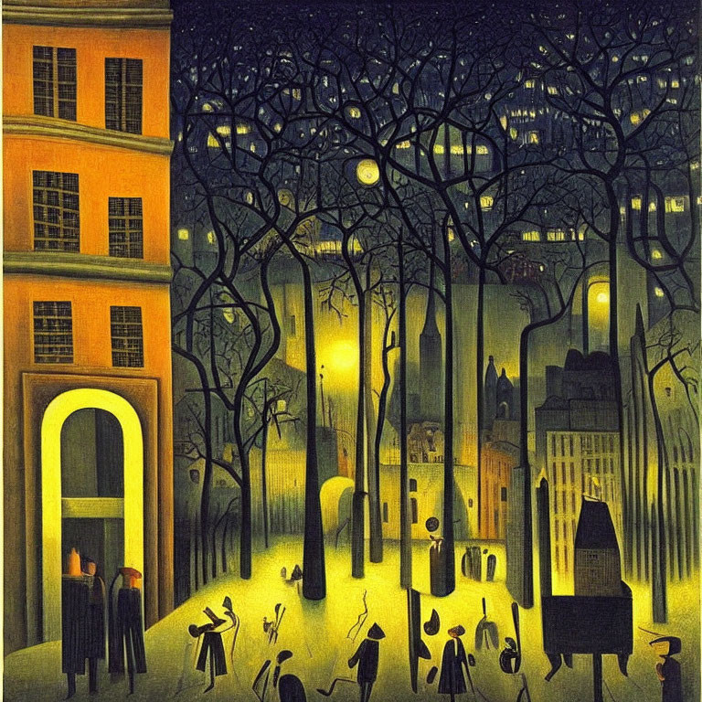 Vibrant urban night scene with elongated trees and caricatured figures
