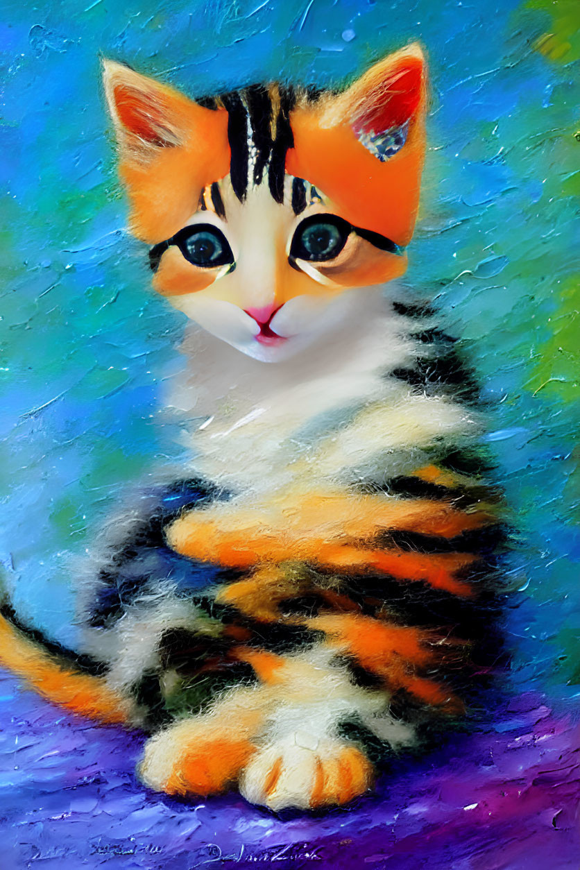 Colorful Kitten Painting with Vibrant Eyes and Multi-Colored Background