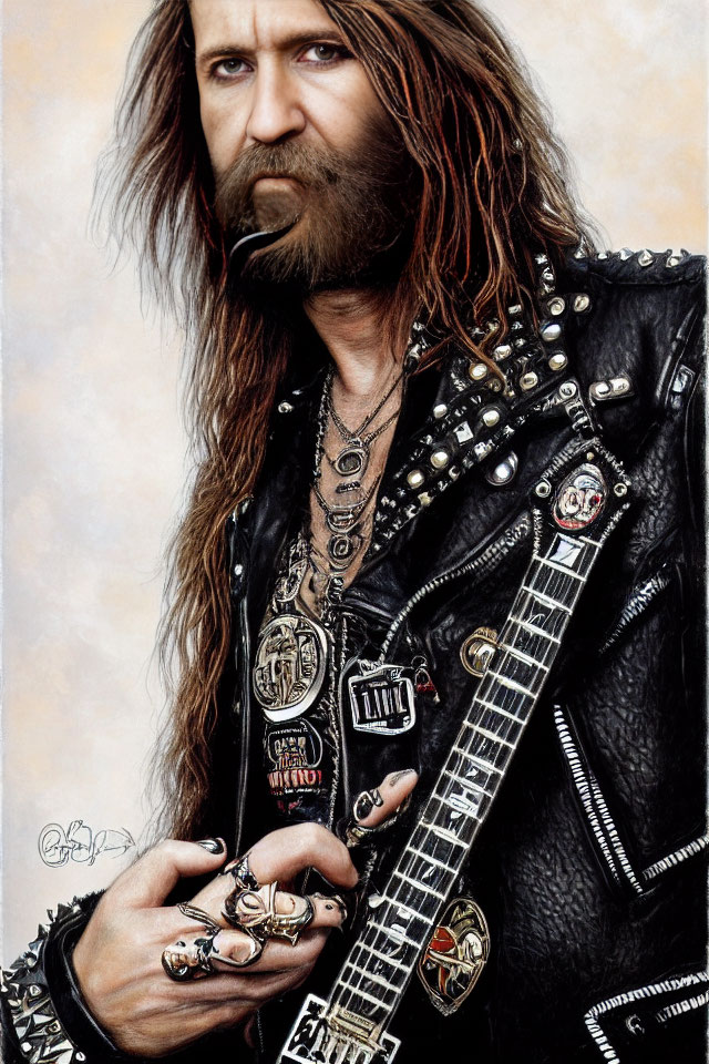Bearded man in leather jacket with guitar and rings