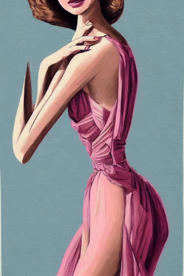 Woman in Elegant Pink Dress Looking Back Illustration