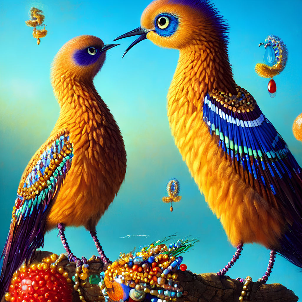 Stylized orange birds with jeweled feathers in blue sky scene