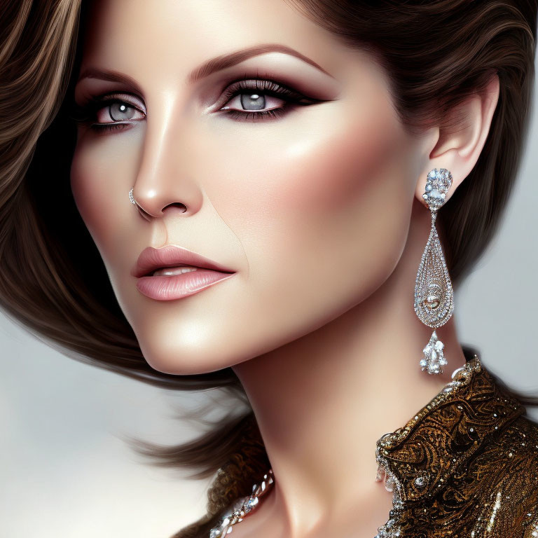 Digital artwork featuring woman with striking makeup and ornate earrings