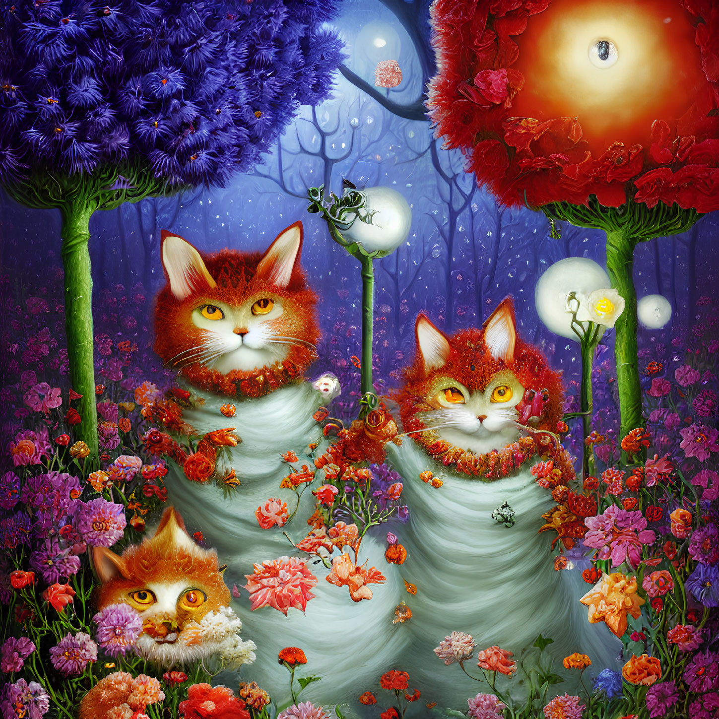 Colorful artwork: Three cats with human-like eyes among oversized flowers on magical blue backdrop