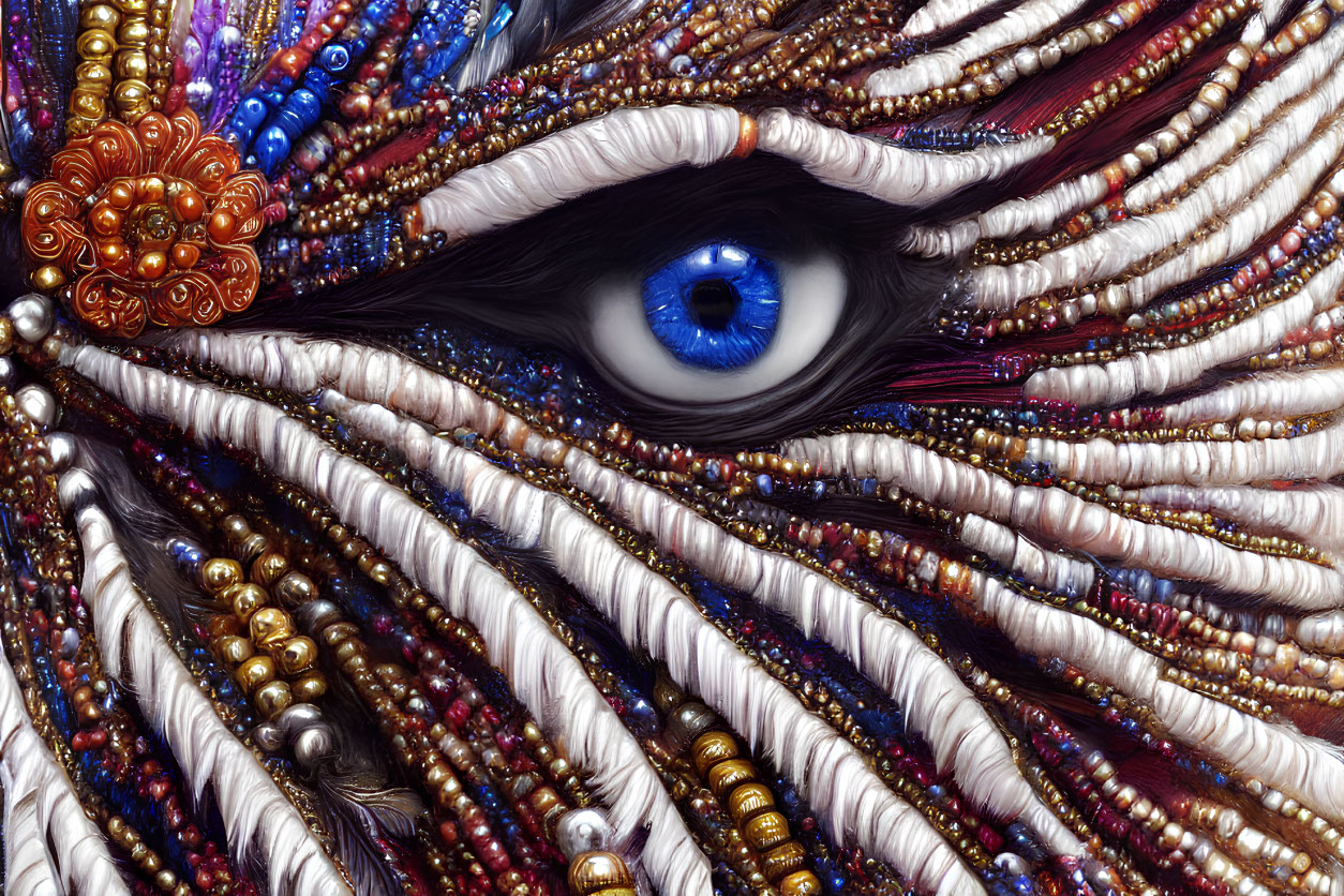 Detailed Blue Eye Artwork with Multicolored Beads and Textures