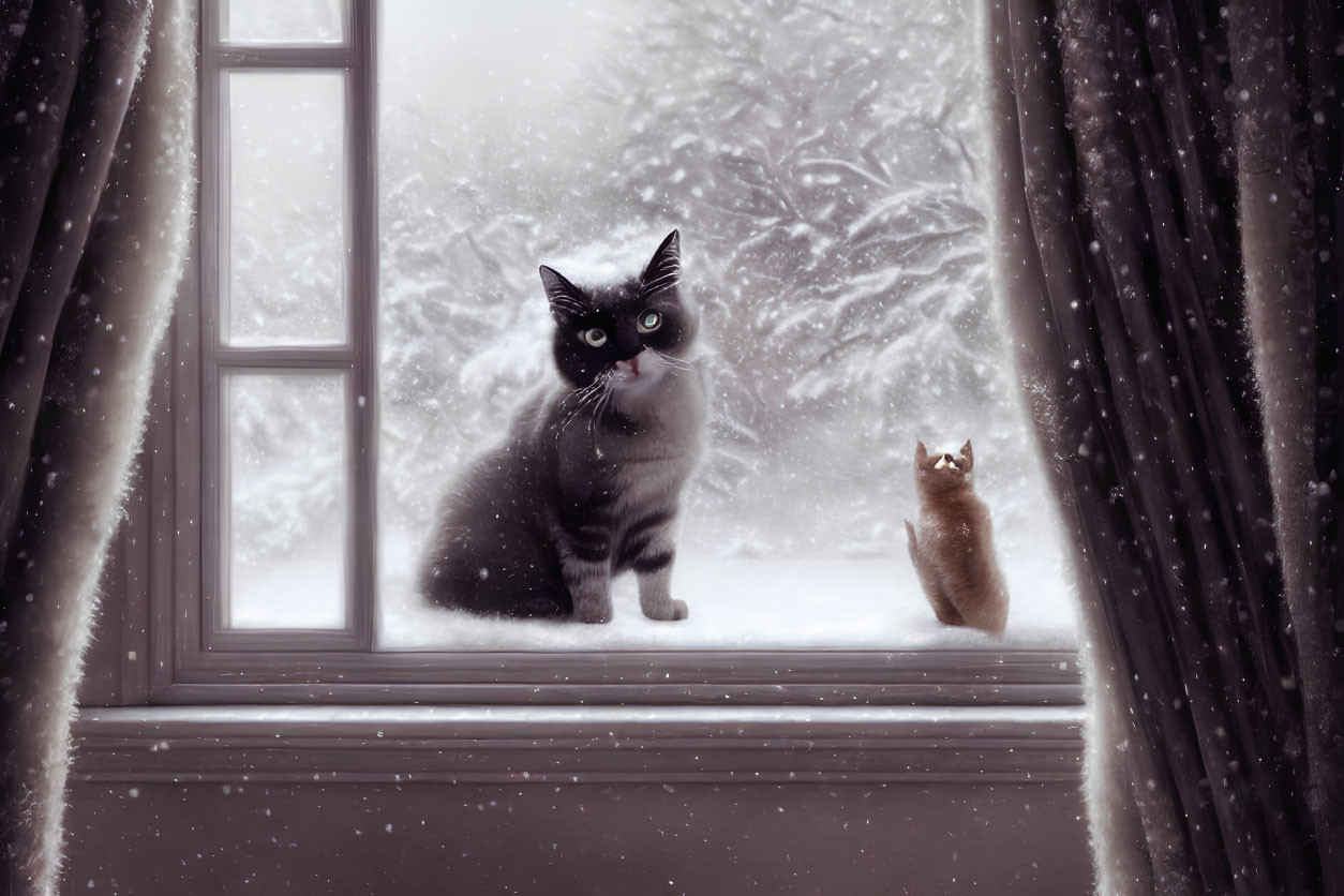 Gray cat with striking eyes watching squirrel through snowy window