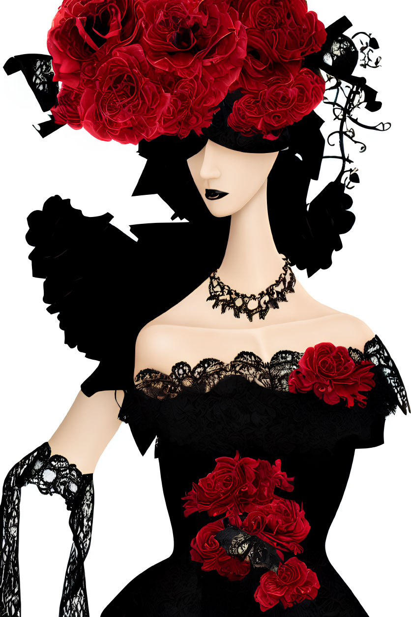 Woman with oversized red rose hat, black lace dress, and choker necklace.