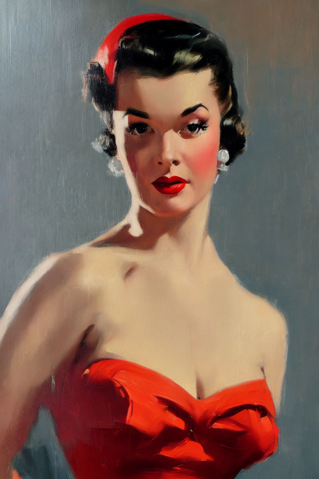 Vintage Portrait of Woman in Elegant Red Dress and Headpiece with Red Lips and Pearl Earrings on Grey