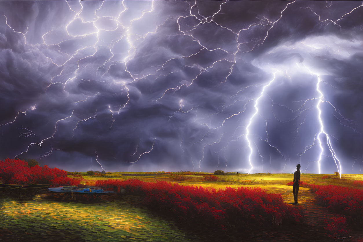Solitary figure in red flower field under dramatic sky with lightning streaks
