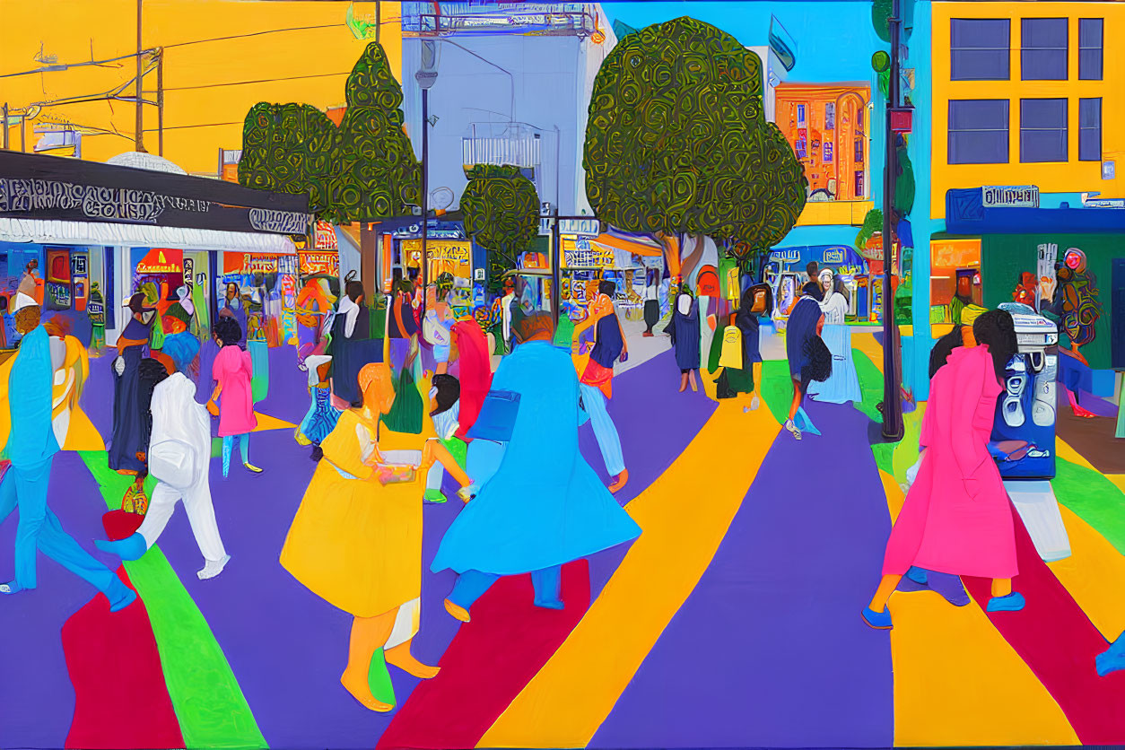 Vibrant urban street scene with diverse people on rainbow crosswalk