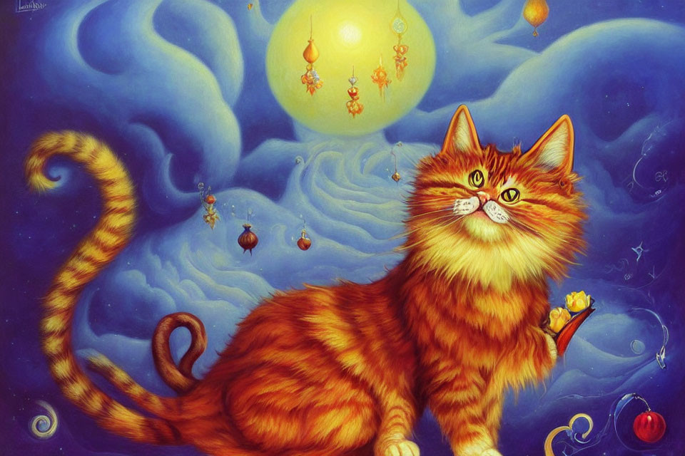 Whimsical painting of large orange cat with smile, baubles, and tiny creatures under dream