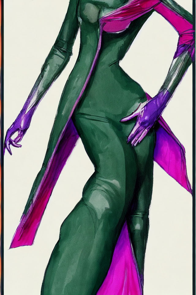 Vibrant green and magenta figure with exaggerated proportions and stylized limbs.