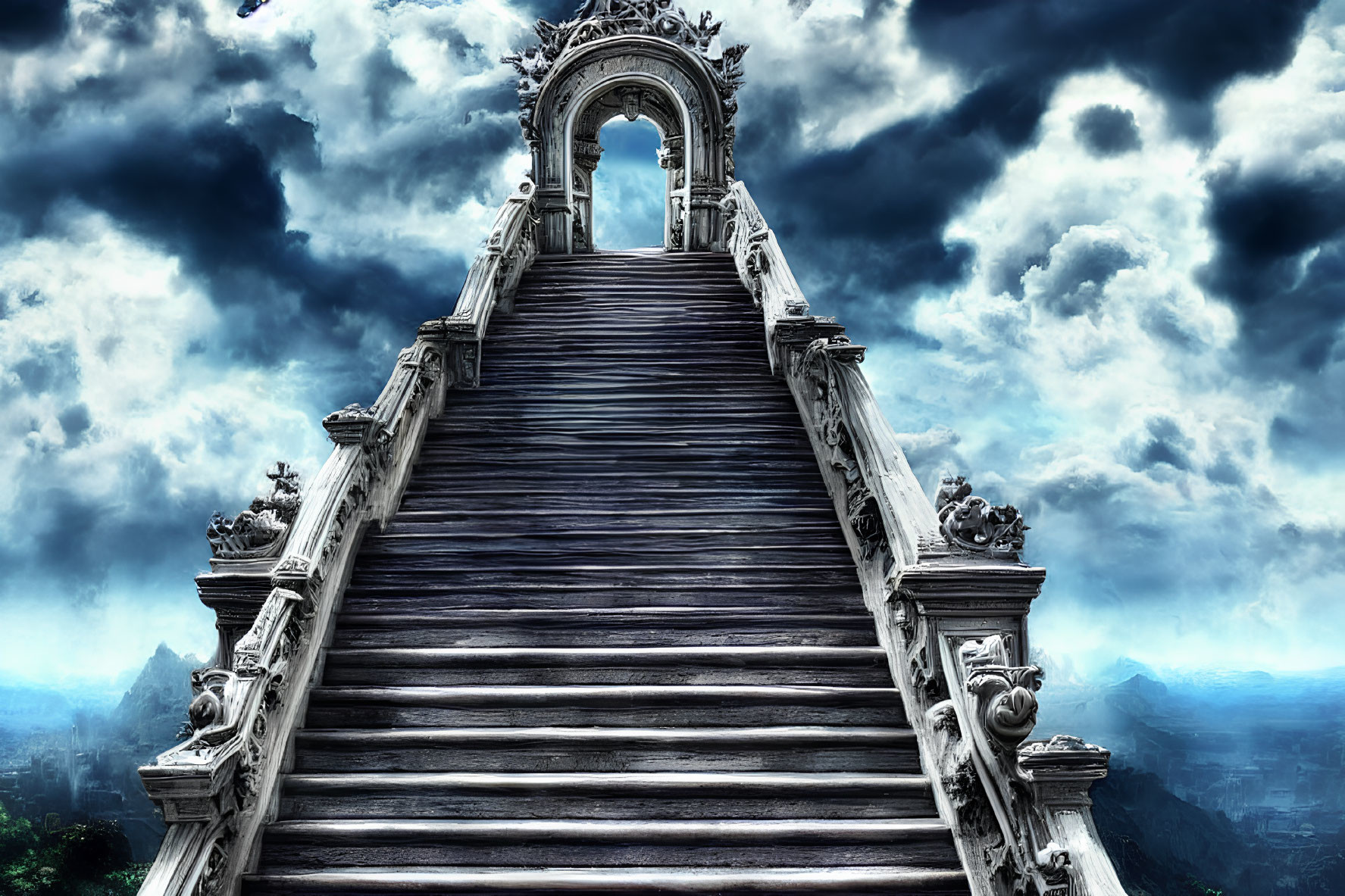 Elaborate Stone Staircase Under Cloudy Sky