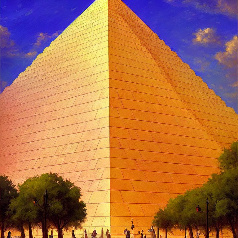 Sunlit pyramid with smooth facade under blue sky and trees, with small human figures.