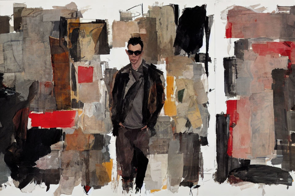 Stylized painting of person in sunglasses against abstract geometric backdrop