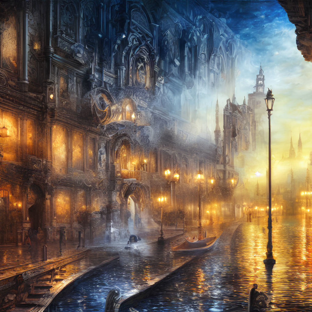 Gothic architecture and glowing lights in misty cityscape