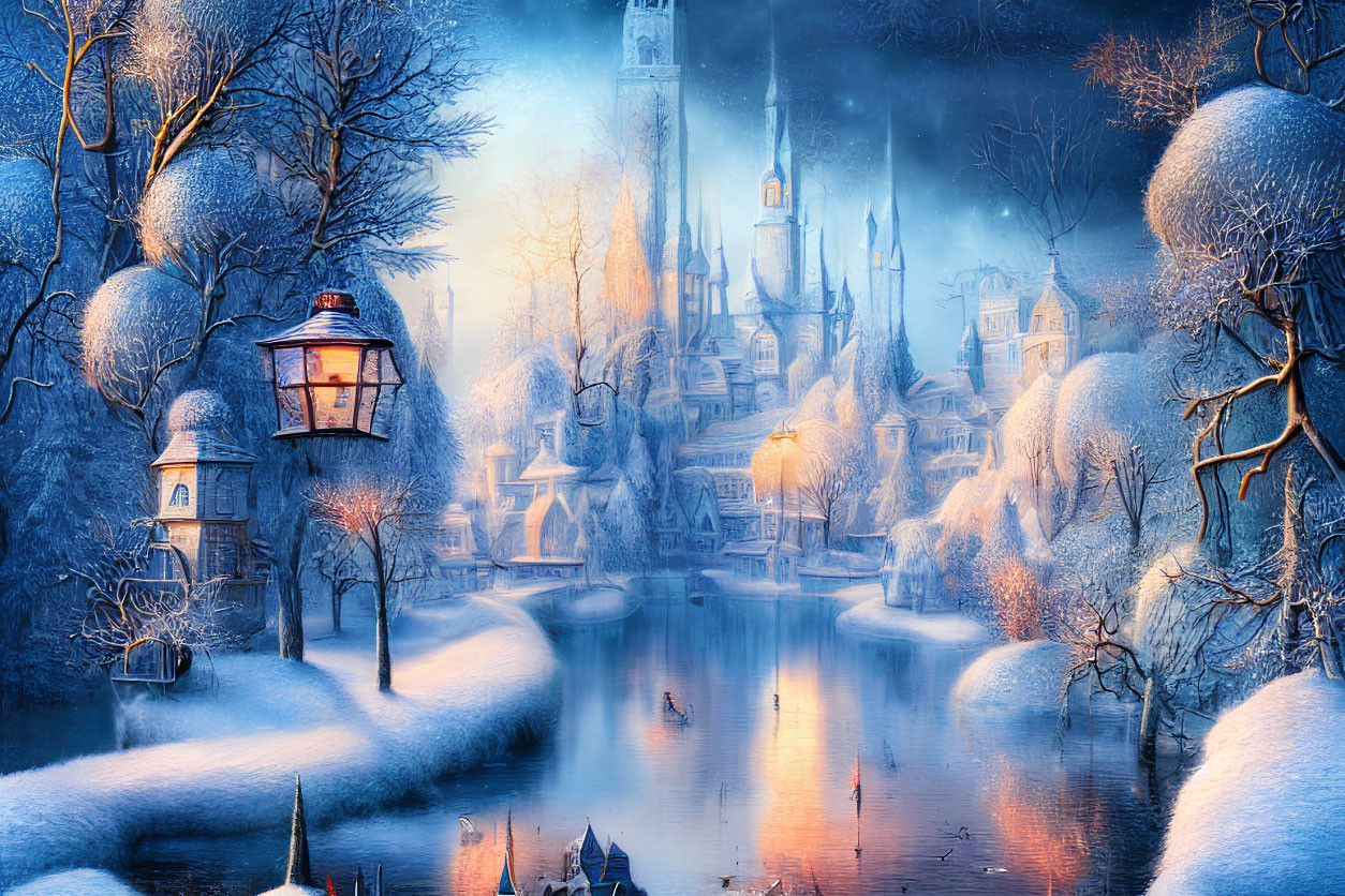 Snow-covered village with glowing lanterns, river, and castle in twilight scene